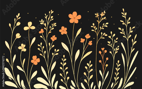 Floral meadow illustration features delicate stems and blossoms in warm tones. The set includes tall sprigs, buds, small flowers and leafy branches