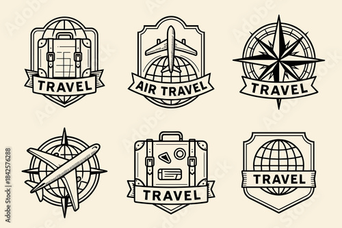 Travel badges emblem collection with bold line work and detailed global themes. Highlights airplanes, globes, compasses, luggage