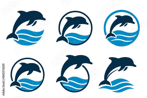 Dolphin logo collection featuring dynamic silhouettes and clean flowing wave elements. Each variation emphasizes graceful movement, balanced curves