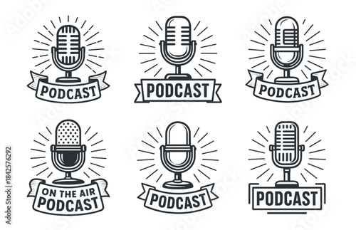 Podcast badges retro collection with detailed microphone illustrations and radiating line accents. Highlights classic mic shapes, banners, rounded bases