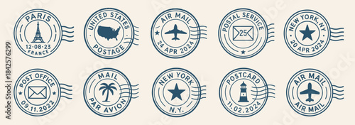 Postage stamp collection featuring travel themed circles and vintage mail marks. Each stamp shows unique symbols, dates and postal elements