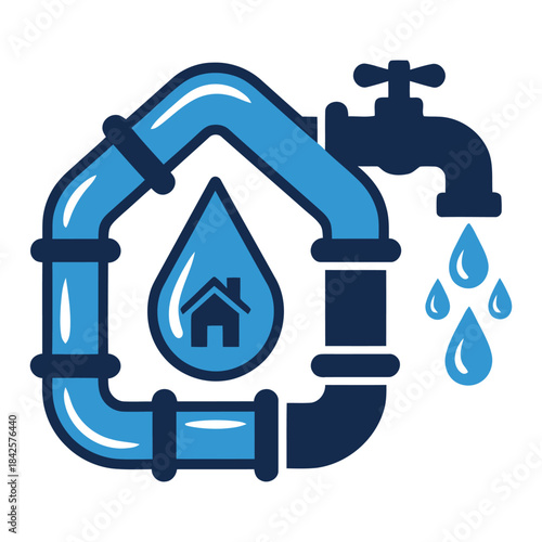 Water supply and plumbing services for home icon with house-shaped pipe and faucet