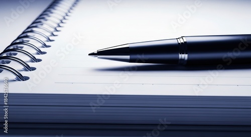 Close-up shot of a sleek black pen resting on a crisp white spiral notebook, symbolizing the diligent process of recording ideas and planning tasks