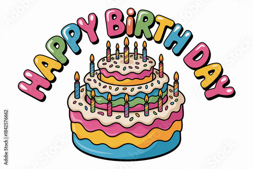 Vibrant Happy Birthday cake with colorful candles and frosting