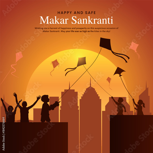 Makar Sankranti Poster design with child flying kite and cityscape. Makar Sankranti is a Hindu harvest festival celebrated across India. Creative vector illustration.