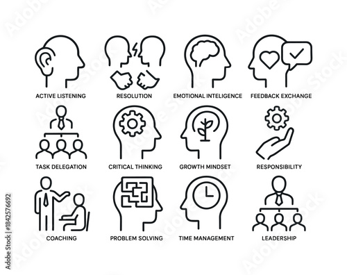 Leadership Icons Set. Leadership skills development. Line icon s