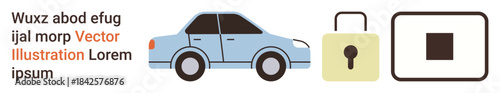 Car security, anti-theft, safety systems, digital protection, automobile technology, access control. Icons include a car, a padlock and a stop button. Car security and anti-theft solutions concept