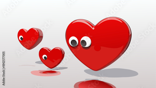 Three cute cartoon red hearts with googly eyes floating on a white background