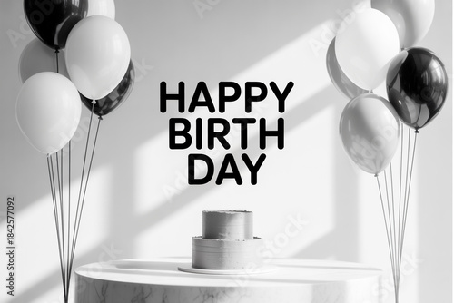 Minimalist birthday setup with balloons and cake on marble table