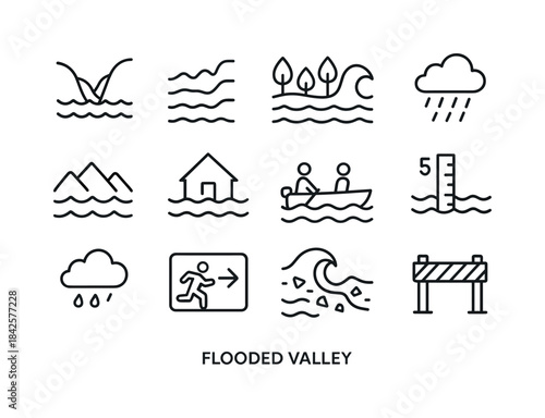 Flooded Valley Icons. Flooded Valley. Line icon set of Flooded V