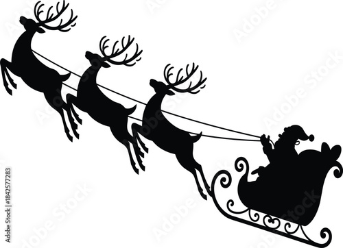 Santa Claus in a sleigh flying with reindeer black silhouette vector graphic.