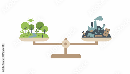 A balance scale with a flourishing ecosystem on one side and industrial waste on the other highlighting the need for equilibrium in development.