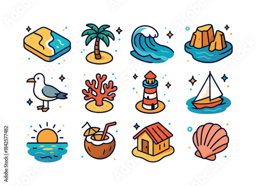 Isometric Coastal Icons. Coastal Landscape. Colorful isometric v