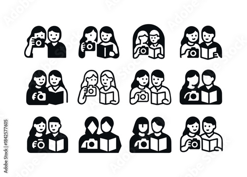 Couple Hobbies Icon Set. Couples sharing hobbies like photograph