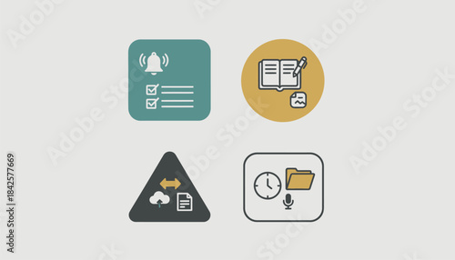 A grid layout showcasing various productivity apps with features like reminders notes and file sharing visibly highlighted.