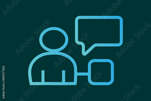 The image displays a conceptual line art icon rendered in a bright, blue-to-cyan gradient against a dark teal background.