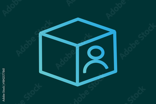 The image displays a conceptual line art icon of a three-dimensional cube or box rendered in a blue-to-cyan gradient against a dark teal background.
