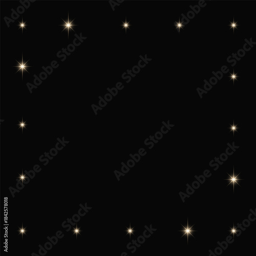 Decorative border from sparkles. Holiday square frame on dark background. Vector illustration.
