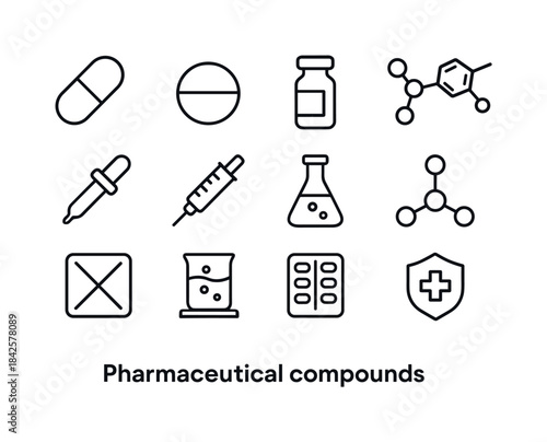 Pharmaceutical Icons Set. Pharmaceutical compounds. Line icon se