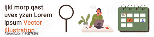 Office productivity, task organization, effective planning, online communication, deadlines management, remote work. A desk, a person on a call magnifier calendar. Task organization and office