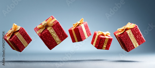 Set of glittery red Christmas gift boxes with golden ribbons floating against a soft blue background banner.