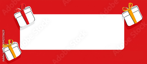 Minimalistic Christmas-themed banner with gift boxes and a white space for text against red background.