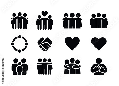 Group Hug Icons. Group Hug. Solid icon set of Group Hug: three p