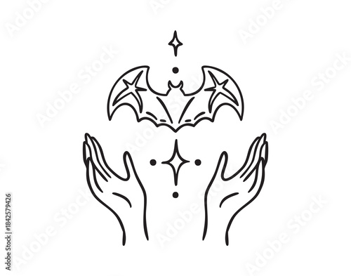 Two hands holding bat, mystic symbol, esoteric vibe, hand drawn, line art outline, hand drawn