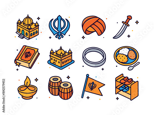 Sikhism Icon Set. Sikhism. Colorful isometric vector icons set o