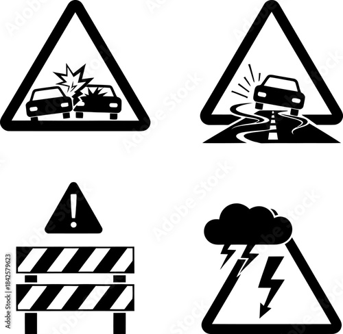 Road and weather warning signs: accident, construction, storm Vector