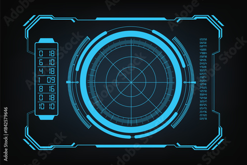 Futuristic Radar HUD Interface – Neon Blue Sci-Fi Target Scanner, Digital Tracking Display, Circular UI Dashboard, and Cyber Technology Overlay on Dark Background