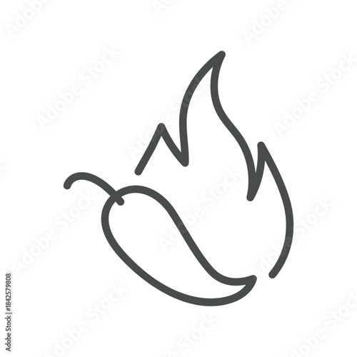 Fiery Chili Pepper Icon. Thin Line Illustration of a Chili Pod with a Large Flame, Symbolizing Extreme Heat, Blazing Inferno Spice and Bold Fiery Cuisine. Isolated Outline Vector Sign.