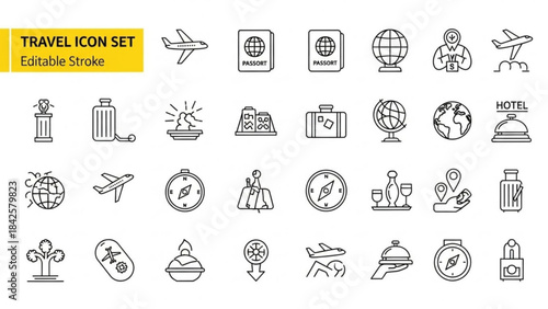 Travel and Tourism Icon Set - Vacation, Global Transportation, and Hotel Service Line Art Icons with Editable Stroke