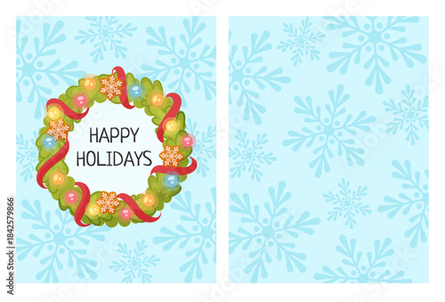 festive christmas vertical banner with wreath, Happy Holidays text