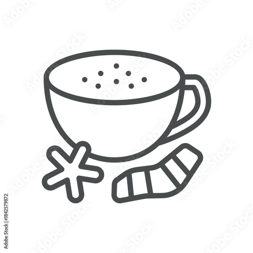 Curcuma Latte Icon. Thin Line Illustration of a Cup Filled with Golden Milk and Turmeric Roots, Anti Inflammatory Beverage, Herbal Spice Latte and Ayurvedic Wellness Drink. Isolated Turmeric Latte.
