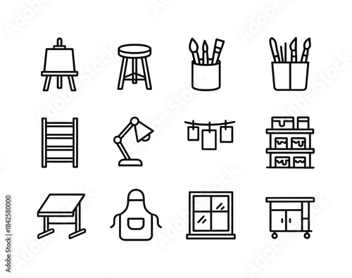 Art Studio Icon Set. Art studio. Line icon set of art studio: ea