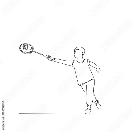 One continuous single drawing line art flat doodle sport, boy, racket, badminton, game, play, playing. Isolated image hand draw contour on a white background, hand drawn, not AI