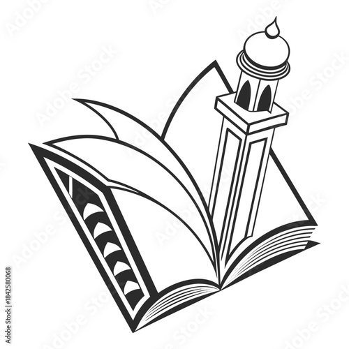 Open book with islamic minaret symbolizing knowledge and faith