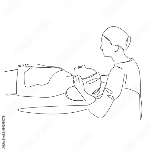 One continuous single drawing line art flat doodle massage, patient, skin, therapy, beauty, facial, skincare, spa. Isolated image hand draw contour on a white background, hand drawn, not AI
