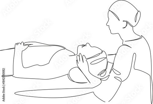 One continuous single drawing line art flat doodle massage, patient, skin, therapy, beauty, facial, skincare, spa. Isolated image hand draw contour on a white background, hand drawn, not AI