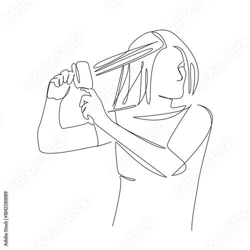 One continuous single drawing line art flat doodle hair, beauty, girl, coiffure, care, woman, young, comb, healthy. Isolated image hand draw contour on a white background, hand drawn, not AI