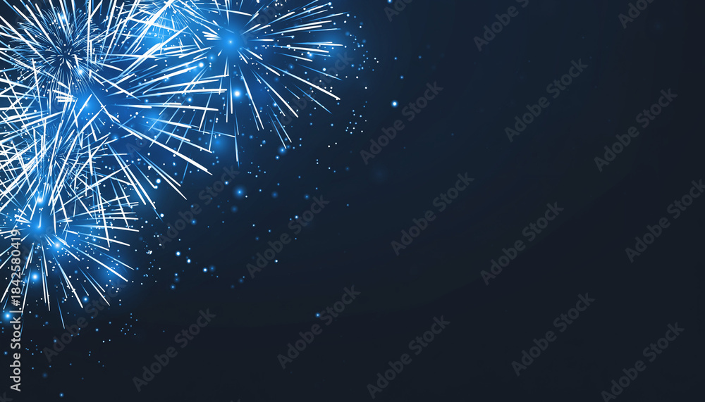 Fototapeta premium Vibrant Blue Fireworks Exploding Against a Dark Starry Night Sky with Sparkling Light Trails and Festive Celebration Atmosphere