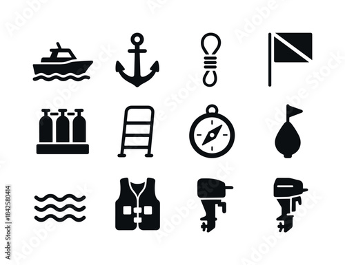 Dive Boat Icons. Dive Boat. Solid icon set of Dive Boat: boat, a