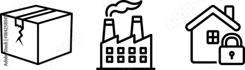 Logistics damage, industrial plant, and home security line icons Vector
