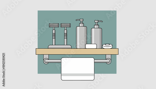 A serene bathroom scene featuring stainless steel safety razors and refillable soap dispensers demonstrating sustainable personal care routines free of plastic.