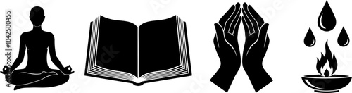 Meditation, wisdom, prayer, and elements for spiritual concepts. Vector