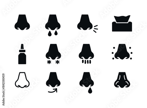 Nasal Icons Set. Nasal symptoms. Solid icon set of Nasal symptom
