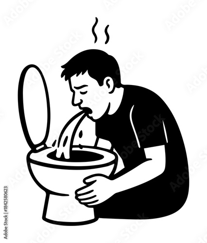 Black and white silhouette illustration of sick man vomiting into toilet. Perfect for health, medical, illness, food poisoning, hangover, and nausea related content. Clean vector design.
