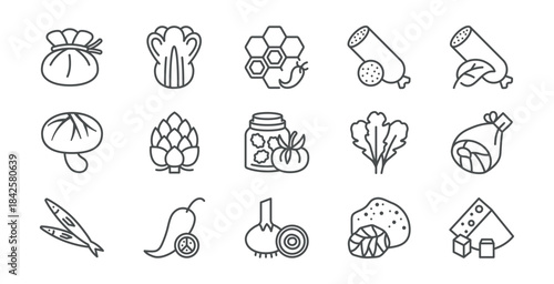 Pizza Ingredients Icons Set. Cheese, Pepperoni, Mushrooms, Sauce Jar and Toppings for Italian Pizzeria Menu. Clean Linear Vector Pack.
