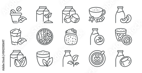 Plant Milk and Vegan Drinks Icons Set. Oat, Almond, Soy, Cashew Beverages, Coffee Latte, Matcha Tea, Snacks and Breakfast Items. Linear Vector Pack.